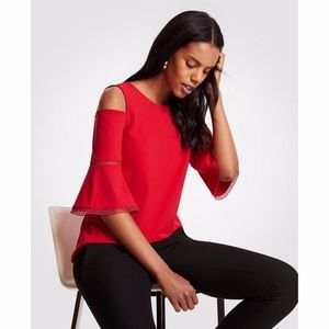 Ann Taylor Eyelet Trim Cold Shoulder Top-True Red